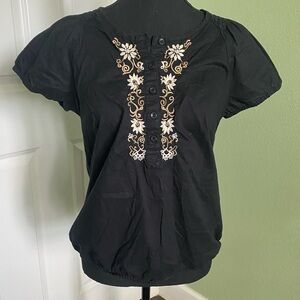 Croft & Barrow Black Blouse with Floral Embroidery